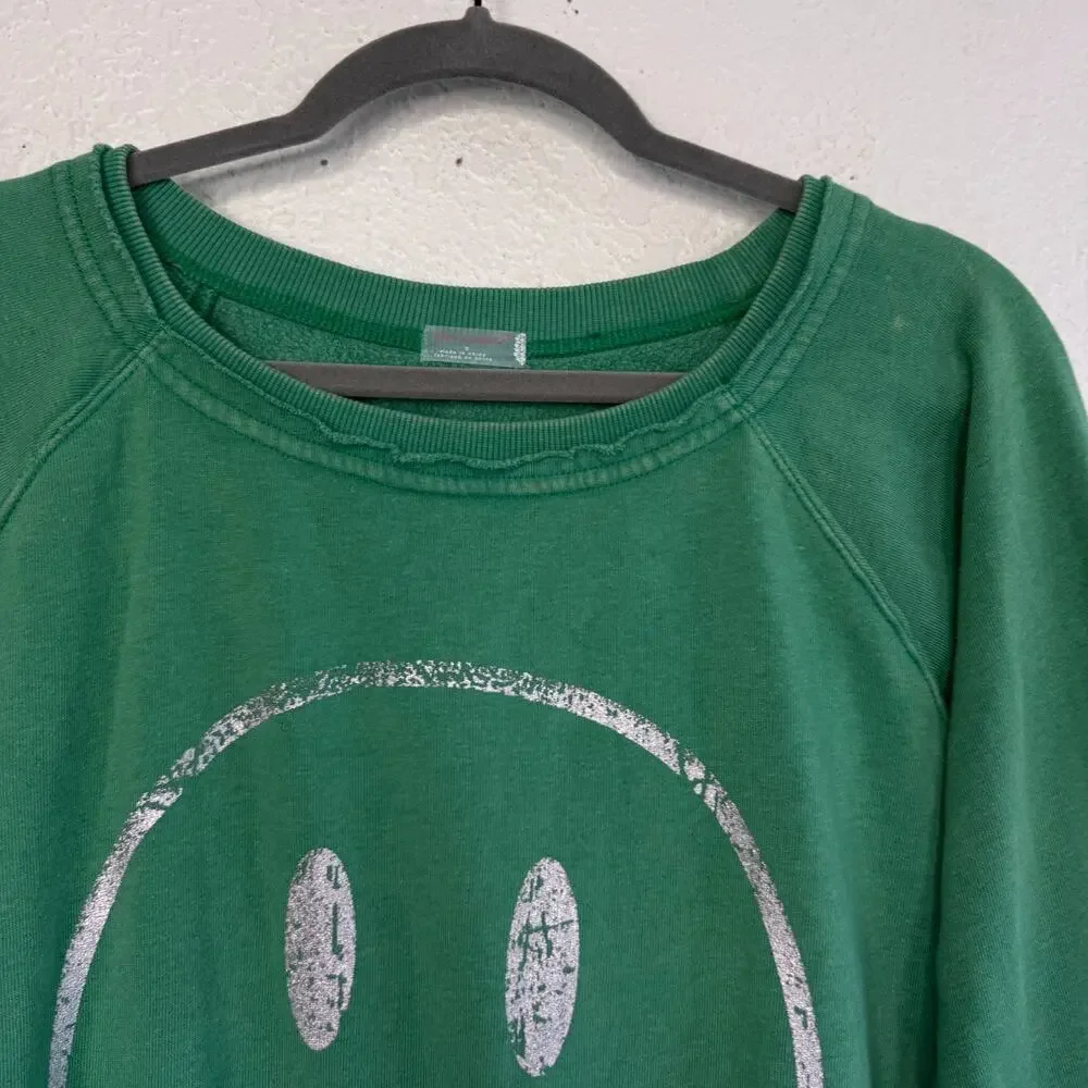 Free People Smiley Face Sweatshirt Women Small FP Movement Sweater Green Burnout